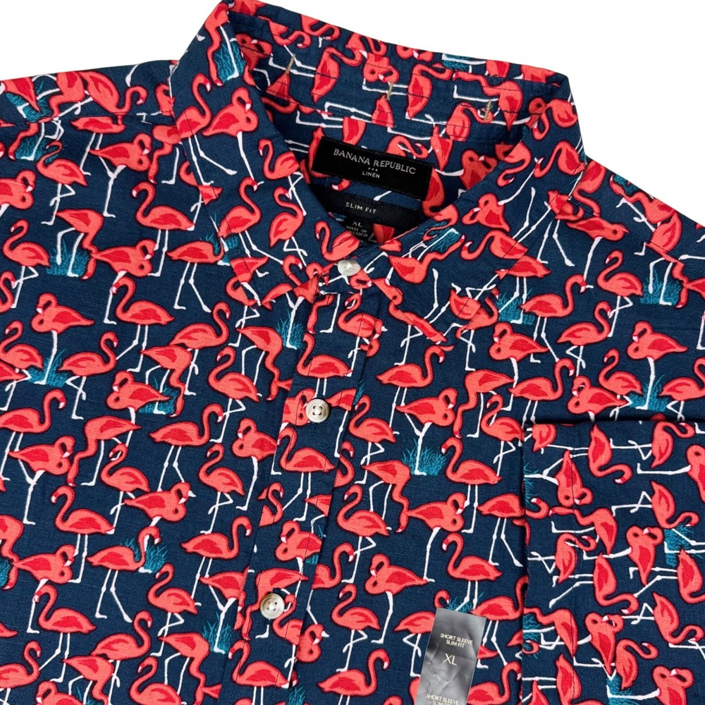 NWT Banana Republic Linen Blend Flamingo Shirt Slim Fit Mens XL Navy Pink Red